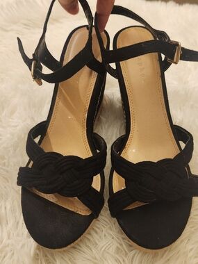 Metaphor Black Braided-Strap Suedelike Wedge Sandals